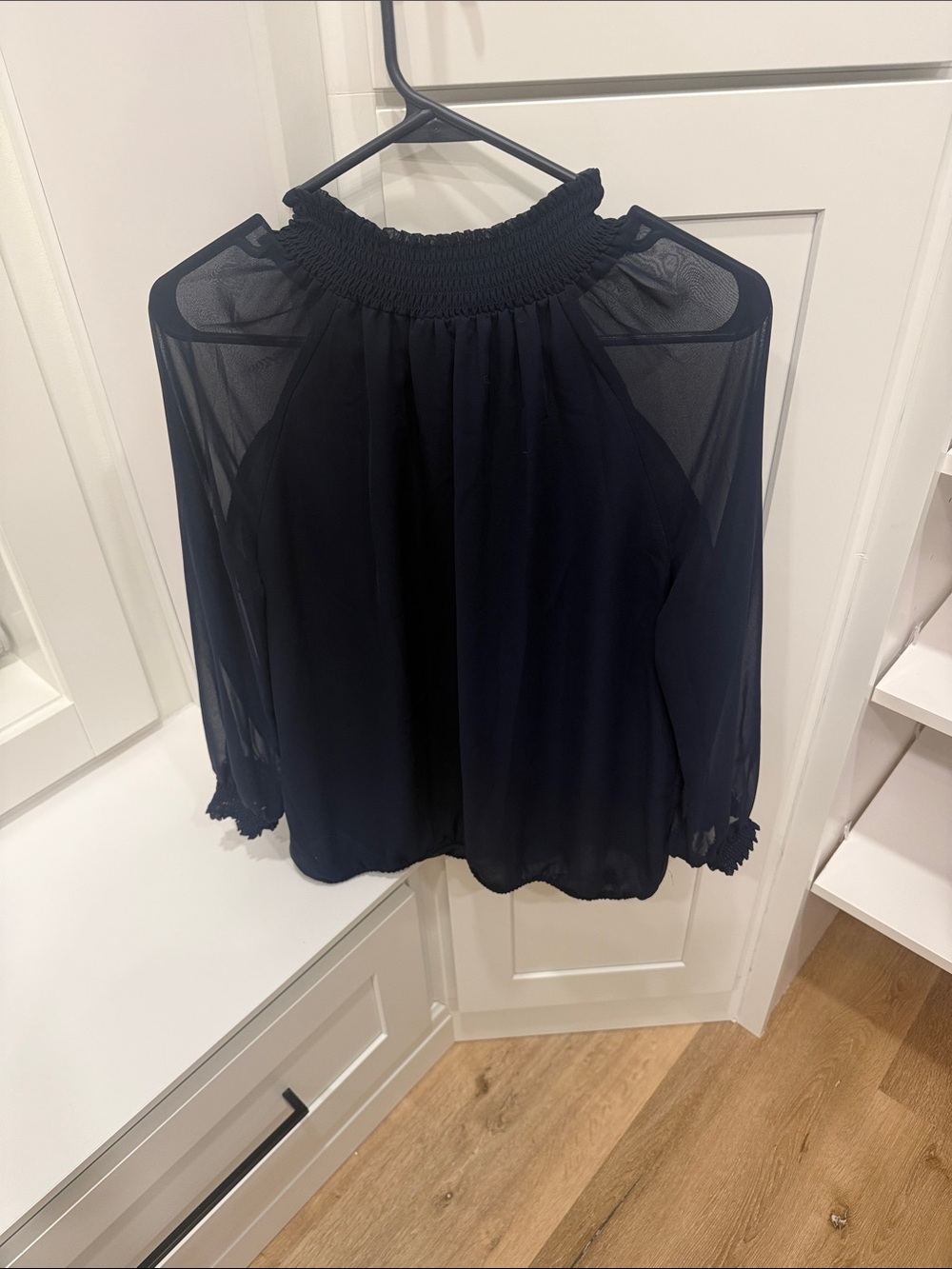Ann Taylor Factory Navy Smocked High-Neck Sheer Blouse